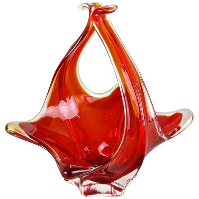 Red/ Amber Colored Murano Glass Basket/ Bowl With Handles, Italy ca. 1960
