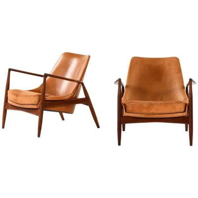 Pair of Easy Chairs in Teak and Leather by Ib Kofod-Larsen, 1950s