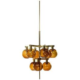 Ceiling Lamp Chandelier in Brass and Amber Glass by Hans-Agne Jakobsson, 1950's