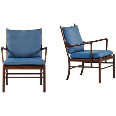 Colonial Easy Chairs in Mahogany, Woven Cane and Fabric by Ole Wanscher, 1960's