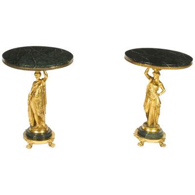 Antique Pair Figural Group Ormolu & Marble Occasional Tables 19th Century