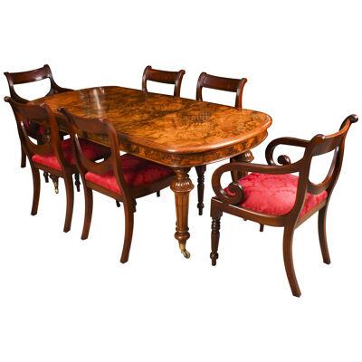 Antique Victorian Burr Walnut Dining Table C1860 & 6 chairs