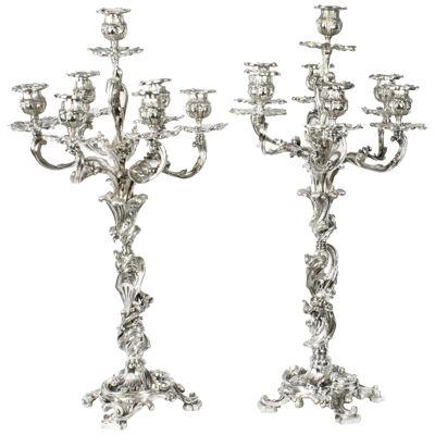 Antique Pair French Rococo Revival 7 Light Silver Plated Candelabra c.1920