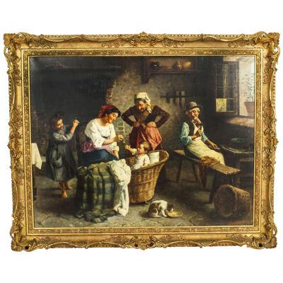 Antique Oil on Canvas Painting Interior Scene by Sandro Bini 19th C