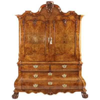 Antique Dutch Burr Walnut Bombé Cabinet Armoire 18th Century