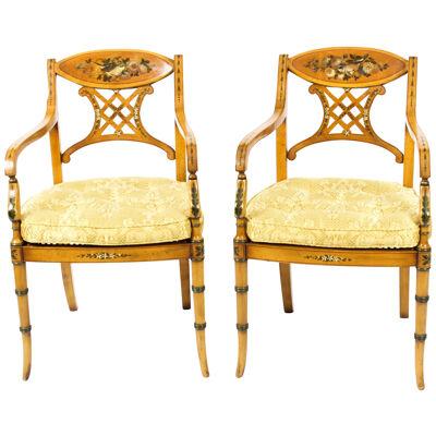 Antique Pair Sheraton Revival Painted Satinwood Armchairs Circa 1920