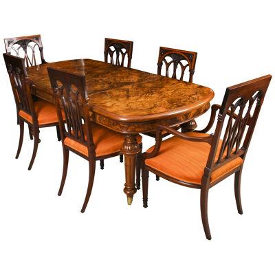 Antique Victorian Burr Walnut Dining Table & 6 antique chairs 19th C