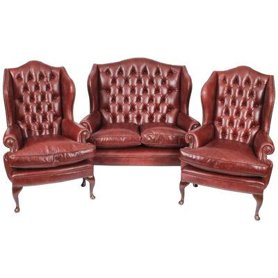Bespoke English Leather Queen Anne Sofa & Pair Armchairs Chestnut