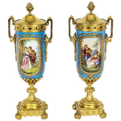 Antique Pair French Bleu Celeste Ormolu Mounted Sevres Lidded vases 19th C