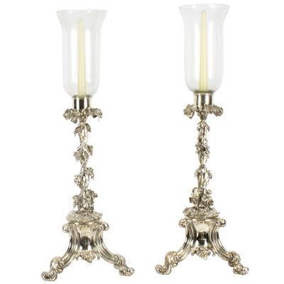 Antique Pair Victorian Silver Plated Storm Lantern Candle Sticks 19th C