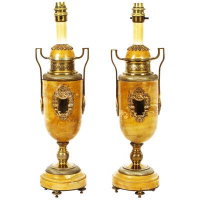 Antique Pair French Ormolu Mounted Siena Marble Table Lamps 19th Century