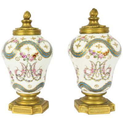 Antique Pair French Ormolu Mounted Sevres Lidded Vases Mid 19th C