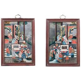 19th Century Pair Qing Dynasty Reverse Painted Mirrors
