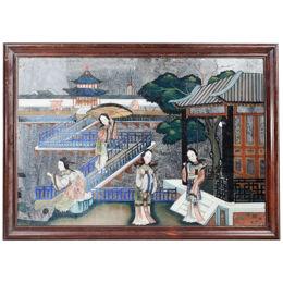 19th Century Chinese Reverse Painted Mirror Depicting Court Scene