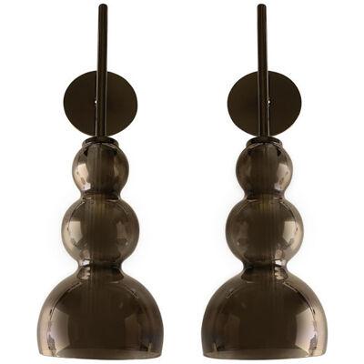 Set of Two Contemporary Smoked in Black Nickel Wall Sconces