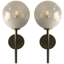Set of Two Contemporary Gradient White Sphere in Black Nikel Wall Sconces