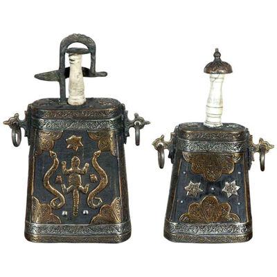 Set of Two Moroccan Antique Tribal Powder Case Flasks