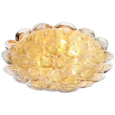 Modernist Brass Flush Mount w/ Handblown Murano Gold and Translucent Glass Discs