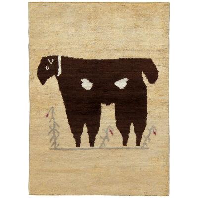 Hand-Knotted 1950S Vintage Pictorial Rug, Beige, Brown Cattle Motif