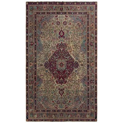 Hand-knotted Antique Isfahan Rug in Beige With Red and Blue Floral Pattern