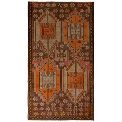 Handwoven Vintage Kars Kilim Rug in Brown and Orange Geometric Pattern