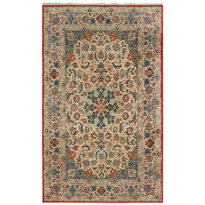 Vintage Isfahan Rug in Beige Blue and Red Persian Floral
