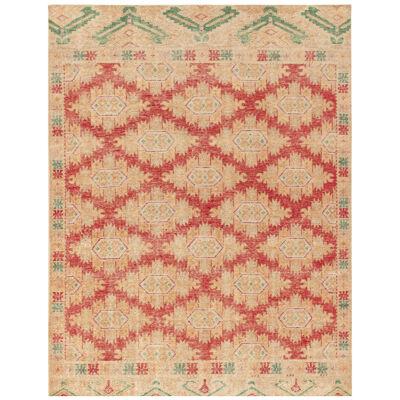 Distressed Style Rug in Red, Gold, Green Geometric Pattern by Rug & Kilim