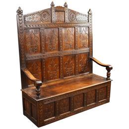 18th Century and later Carved Oak high back settle/bench