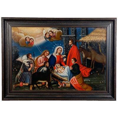 19th Century Large Mexican Crèche Scene Painting