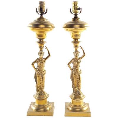 Large Pair of American Victorian Neoclassical Oil Lamps, circa 1870