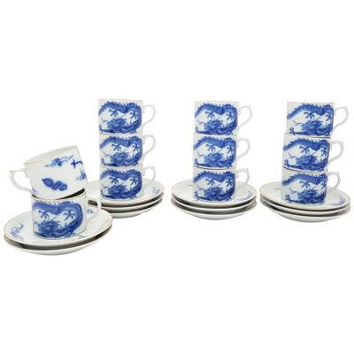 Set of Eleven Mottahedeh Blue Dragon Coffee Cups and Saucers