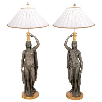 Large Pair of 19th Century Bronze and Ormolu Egyptian Lamps