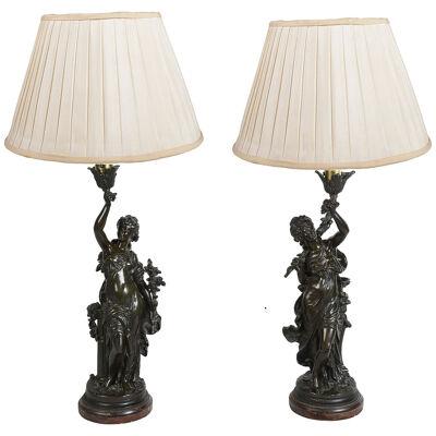 Pair 19th Century Bronze maiden statues / lamps by H. Moreau