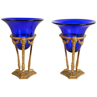 Pair classical French Blue glass urns, circa 1900