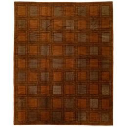 Contemporary Geometric Tibetan Wool & Silk Rug Designed with Orange Rust Color