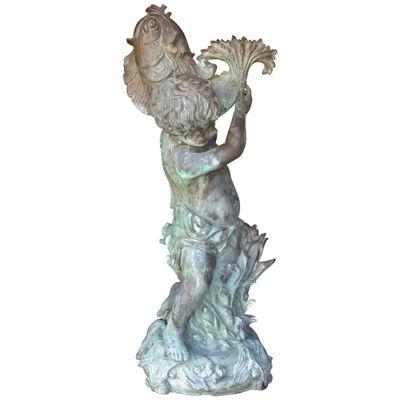 Neoclassical Cupid Holding Fish Patinaed Bronze Fountain Sculpture Mid 20th C