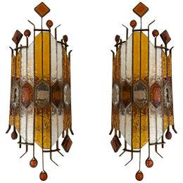 Pair of Large Hammered Glass Wrought Iron Sconces by Longobard, Italy, 1970s