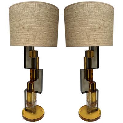 Contemporary Pair of Lamps Amber Smoke Cubic Murano Glass and Brass, Italy