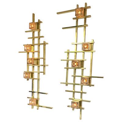 Contemporary Pair of Brass Murano Glass Cubic Sconces. Italy