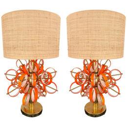 Contemporary Pair of Brass Sputnik Rings Murano Glass Lamps , Italy