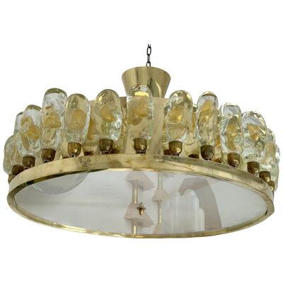 Contemporary Brass Chandelier and Murano Glass Gold Leaf Flame , Italy