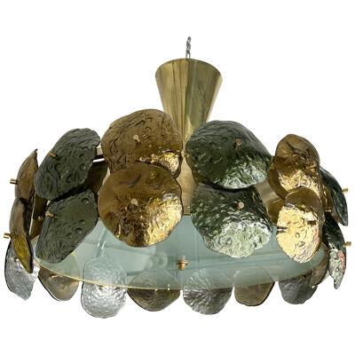 Contemporary Water Lily Chandelier Brass and Murano Glass , Italy