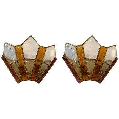 Pair of Sconces Hammered Glass Gold Wrought Iron by Longobard. Italy, 1970s