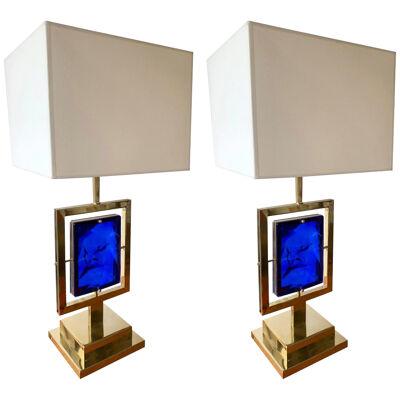 Contemporary Pair of Brass Lamps Blue Murano Glass, Italy