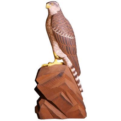 A Wood Okimono of a Hawk on a Rock - Miyamoto Risaburô