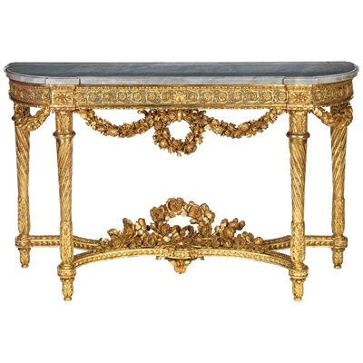 A Louis XVI Carved Giltwood and Blue-Painted Console Table 