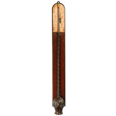 ENGLISH ANTIQUE GEORGE II MAHOGANY STICK BAROMETER BY POLTI OF EXETER
