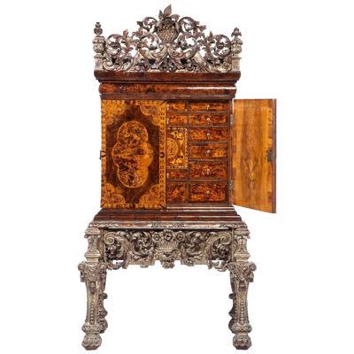 Charles II Walnut, Mulberry Marquetry Cabinet, Gilt Stand, 17th C H.F. du Pont