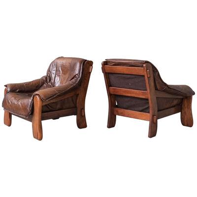 Pair of Oak Brutalist Leather Mid-Century Armchairs