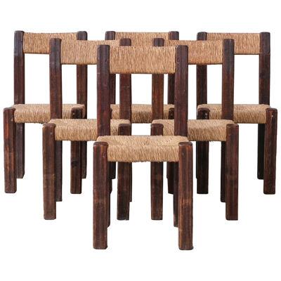 Set of Six French Chunky Rush Mid-Century Dining Chairs